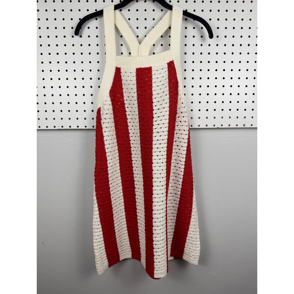 Double Zero Red Cream Striped Crochet Knit Mini Dress Halter Racerback S
